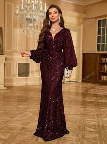 UNITHORSE Vestido de fiesta con escote en V profundo, bajo de sirena, mangas farol brillantes para mujer. Vestido formal para invitada de boda, vestido de novia, conjunto de cumpleaños, vestido de graduación, vestido de gala.