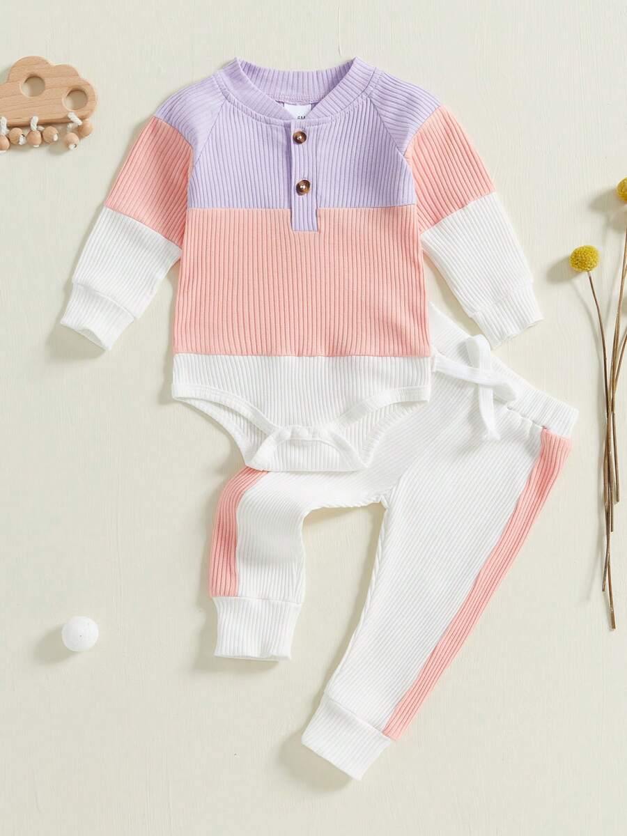 Baby Girl Spring 2Pcs Outfits Set, Ribbed Contrast Color Long Sleeve Romper Long Pants - Pink - View 1