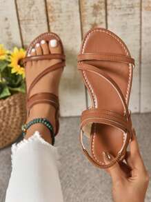 2022 新款女士加大码罗马风格平底凉鞋，适合夏季，休闲海滩度假时尚舒适棕色凉鞋 - 棕色 - 查看 7