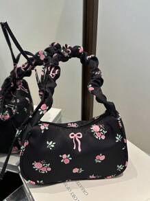 1 pieza Bolso de hombro de estilo casual y fashionable con cierre de cremallera, estampado floral en nailon negro, adecuado para uso diario de mujeres - Negro - Ver 4