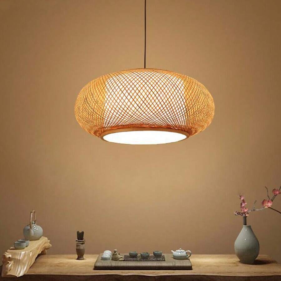 WANLECY Round Vintage Hanging Ceiling Lamp Bamboo Wicker Rattan Pendant Light Fixture US - 黃色 - 查看 1