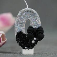 1 Pc Girl Style Black Collar Bow Pearl Theme Glitter Creative Number 0-9 Candles For Birthday Party Cake Decoration Atmospheric Feeling Birthday Baking Plug-In Decoration Suitable For Girls, Goddess,Princess Female Party Birthday Wedding Anniversary Celebration Supplies Gifts Graduation