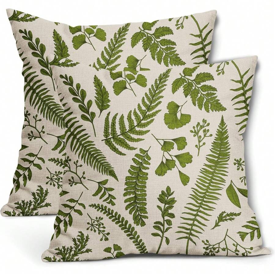2pc Imitation Linen PillowcaseGray Blue Leaf Plant Pillow Covers 18X18 Inch  Grey Tropical Fern Herbs Botanical Leaves Floral Decorative Pillow Cases Vintage Cushion Case Farmhouse Home Decor For Couch Sofa Porch Outdoor - 青檸色 - 查看 1