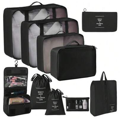 10pcs/1set Travel Organizer Bag, Toiletry Bag, Storage Pouch, Minimalist Polyester Luggage Packing Cubes, Suitable For Travel Accessories, Essentials, Backpack, Luggage, Moving, Back To School Summer Travel,Vacation Home Bathroom Decor Holiday Makeup Organizer Bathroom Accessories