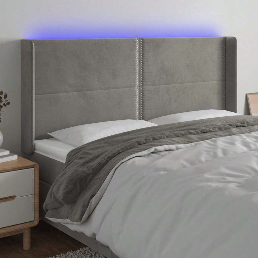 Tête de lit LED gris clair 203x16x118/128 cm velours