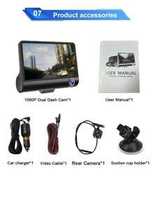 Cámara de salpicadero para automóvil con pantalla de 4 pulgadas, grabador de video Full HD de 3 canales para la parte delantera, cabina y trasera, con visión nocturna, WDR, sensor G, detección de movimiento, incluye cámara de visión trasera de respaldo - Negro - Ver 7