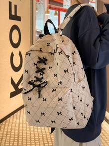 可爱蝴蝶结褶皱时尚背包，适合上学、旅行、购物，可容纳笔记本电脑和教科书，容量大 - 米色 - 查看 4