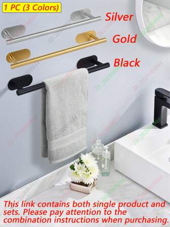1 件粘性毛巾架、3/5 件浴室五金配件套装、毛巾杆、浴室毛巾架、不锈钢毛巾架、壁挂式毛巾挂架、黑色卫生间手巾杆、浴室墙壁毛巾架、厨房毛巾架、免钻橱柜毛巾架、附加挂钩、卫生纸架、毛巾环、浴室毛巾架、淋浴毛巾架、抹布架、浴室装饰、银色、金色、防水、浴室壁架