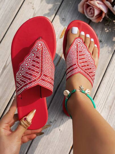 Women's Flat Thong Sandals For Summer, Red Rhinestone Decor, Suitable For Beach, Vacation, Daily Commute, Shopping, Dating, Seaside Leisure, Versatile