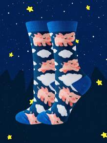 1 paire de chaussettes imprimées de cochons de bande dessinée, chaussettes tubes moyennes confortables et mignonnes, bas et collants pour femmes
