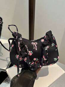 1 pieza Bolso de hombro de estilo casual y fashionable con cierre de cremallera, estampado floral en nailon negro, adecuado para uso diario de mujeres - Negro - Ver 3
