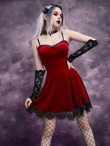 蕾丝边蝴蝶结天鹅绒吊带连衣裙 - 紅色 - 查看 3