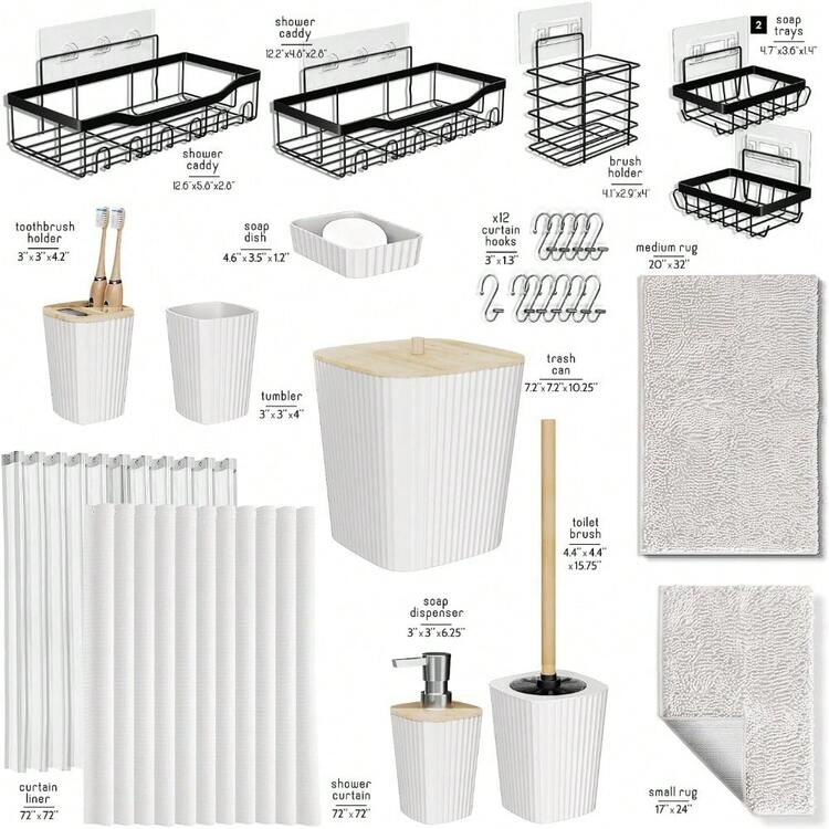 Local Delivery-Bathroom Accessories Set With Shower Caddy And Bath Rugs, 27PC Bathroom Accessory Set With Shower Caddies Grey Bath Rugs, Shower Curtain Set, Toilet Brush, Trash Can, Soap Dispenser, Toothbrush Holder - 白色 - 查看 2