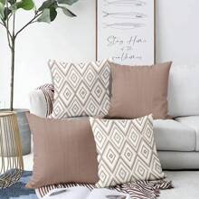 4pcs Home Decor Pillow Cases, Boho Minimalist Geometric Coffee Color Print Cushion Covers, Living Room Sofa Throw Pillow Covers, Bedroom Decoration, Single Sided Printing, Zippered Closure, Pillow Inserts Not Included