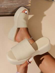Women's Wedge Platform Slip-On Sandals, Knitted Slip-On, Summer Solid Color Lightweight Beach, Casual Vacation Style - Beige - View 2