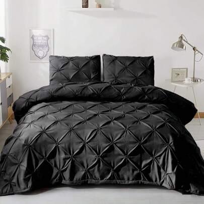 3 Pieces Black Pinch Pleat Duvet Cover Bedding Set Luxury Bedding Set With 2 Pillowcases Double King Size Seersucker Quilt Cover Zipper Closure, Suitable For Wedding Items, Valentines Day Home Bed Room Decor, Easter Gifts, Mothers Day Gift, All Season