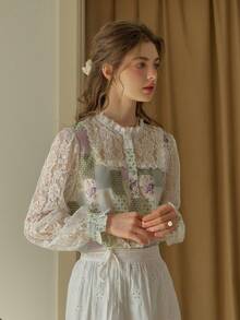 Simple Retro Women's Spring/Summer Contrast Color Collar Lace Patchwork Floral Print Green Romantic Elegant Retro Fitted Short Casual Blouse - Green - View 5
