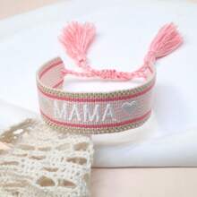 1pc Embroidered "MAMA" Heart Boho Tassel Woven Bracelet - Pink - View 4