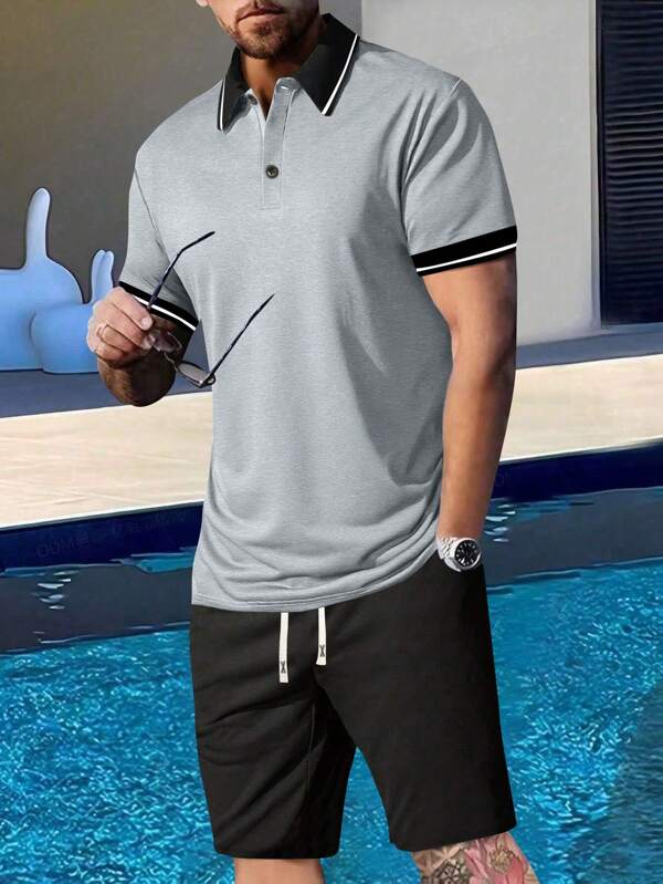 Men's 2 Pieces Polo Shirt And Shorts Set - Casual Summer Outfit, Sportswear, Breathable, Short Sleeve, Drawstring Waist, Activewear