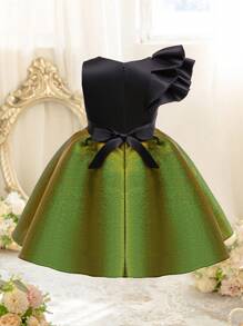 EHOMKIDS Girls' Ruffled Hem Sleeveless Princess Party Dress, Shiny Fabric, Toddler & Big Young Girl Color Block Knee-Length Dress - Green - View 3