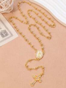 1 pieza Rosario asequible y creativo de cuentas de perlas acrílicas de colores, colgante de cruz religiosa cristiana católica de Jesús, collar de etiqueta de perro de sacerdote de aleación vintage