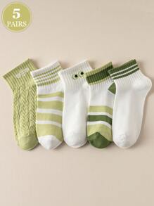 Fresh Green & White Stripe, Eye & Bee Pattern Comfortable Breathable Sweat-Absorbent Casual, Campus, Sports Socks For Women, Spring/Summer
