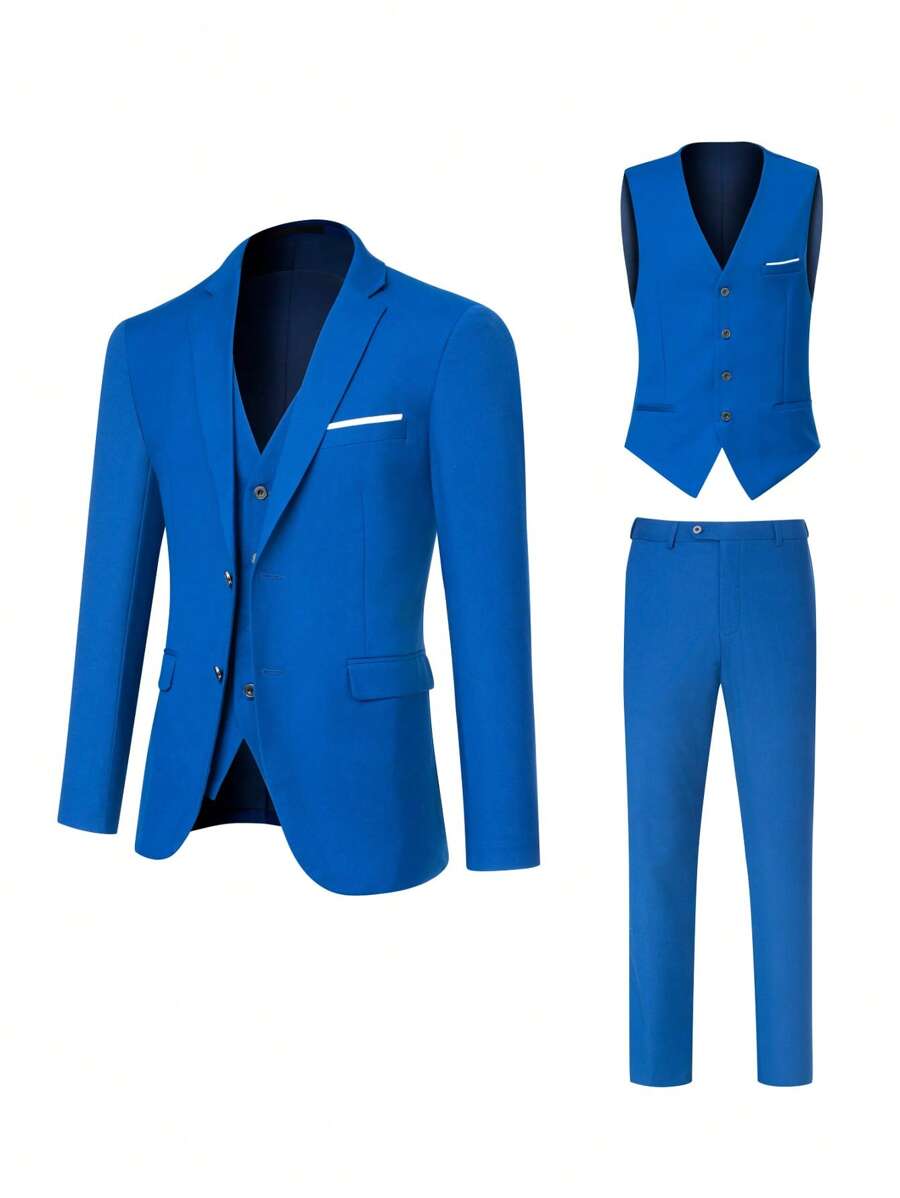 4Pcs Luxury Classic Mens Solid Dress Suit Set - Lapel Jacket, Vest, And Trousers, Regular Fit, Long Sleeve, Conventional Contour, Perfect For Wedding Banquet, Business Meetings - High-Quality Fabric, Comfortable Wear, And Stylish Design - 藍色 - 查看 1