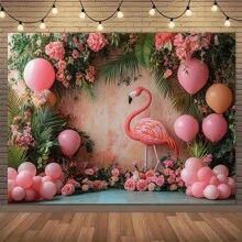 1 stuk roze flamingo- en bloemenballonachtergronddoek - unieke tropische decoratie met levendige rozen, Monstera-bladeren en zachte ballonnen, perfect voor babyshowers, bruiloften, verjaardagen en elegante evenementen, flamingodecoraties