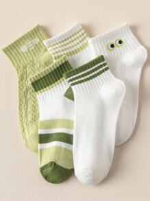Fresh Green & White Stripe, Eye & Bee Pattern Comfortable Breathable Sweat-Absorbent Casual, Campus, Sports Socks For Women, Spring/Summer