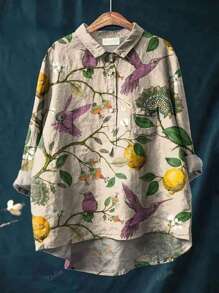 Camisa informal de verano de talla grande con estampado floral y bajo asimétrico similar al lino para viajes