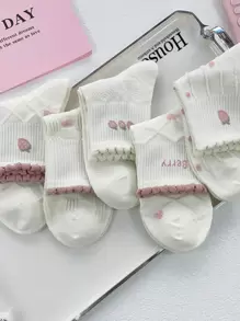 2/5雙女款白色與粉色可愛蝴蝶結與花卉設計短襪，舒適中筒襪，適合四季，隨機出貨 - 白色 - 查看 10