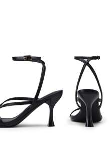 Women Kitten Heel Thong Sandals, Fashion Square Toe Ankle Strap High Heeled Sandals For Wedding Party Casual Wearing - 黑色 - 查看 9