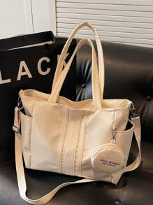 New Casual Solid & Striped Pattern Multi Pocket Shoulder Tote Bag, Suitable For Commuting, Shopping, School, Includes Coin Purse, Women