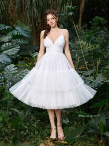 Elasola Polyester Tulle Spaghetti Strap Ruched Bust&Ruffle Trim Layered Tulle Dress Formal Wear For Weddings, Lightweight & Airy Design With Fashion Credentials Summer Dresses Spring Clothes