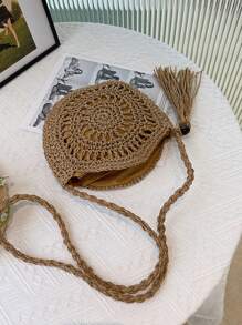 1 件夏季 2025 新款休闲百搭草编斜挎包，半圆形带木珠，手工编织纸绳镂空设计流苏沙滩包，适合度假、旅行和日常购物 - 卡其色 - 查看 6