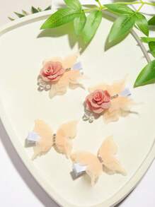 2 件/4 件蝴蝶花发夹，女童蝴蝶结发饰 - 珊瑚橙 - 查看 2