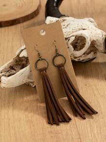 1 Pair Retro Alloy Round Hoop Earrings With Brown Velvet Tassel, Suitable For Holiday And Everyday Wear For Women - Multicolor - View 8