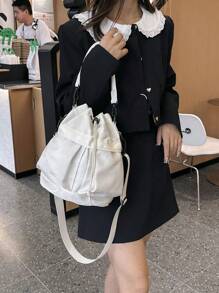 1pc Nylon Drawstring Design Women Shoulder Bag, Versatile For Daily Use, Sports Style, Foldable, Adjustable Strap, Multiple Pockets, Lightweight & Fashionable - White - View 3