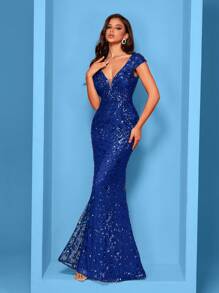 BluePlum Đầm dài tay ngắn cổ chữ V đính sequin co giãn chất lượng cao, thiết kế đuôi cá, màu trơn thanh lịch và sang trọng dành cho nữ, giúp phái nữ trẻ trung và quyến rũ hơn, phù hợp cho nhiều bữa tiệc, lễ tốt nghiệp, đám cưới, sự kiện và các buổi tiệc khiêu vũ, đầm dạ hội trang trọng dành cho nữ (phiên bản cao cấp), đầm dự tiệc cưới, đầm dự tiệc tối mùa xuân. - Xanh đậm - Xem 6