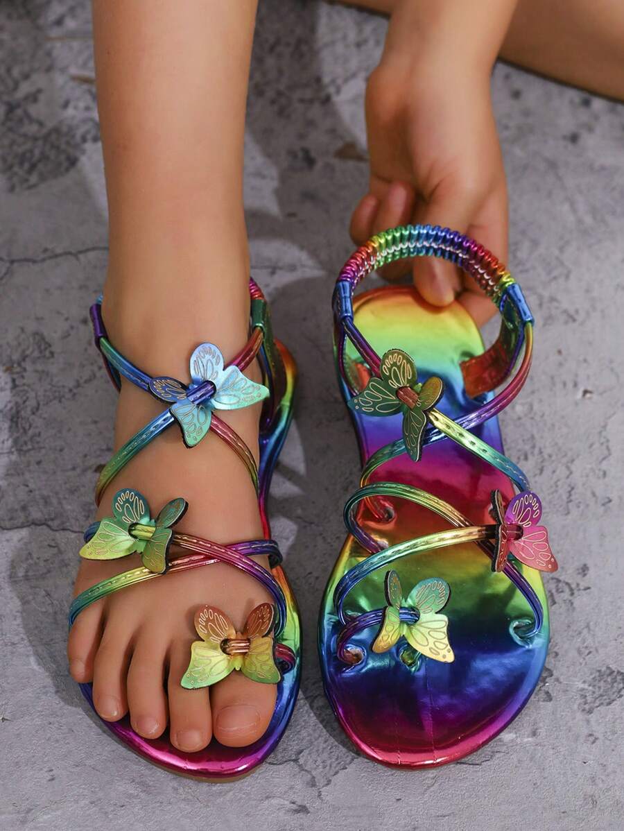 2025 Summer New Set Toe Fashion Cross Strap Flat Round Toe Comfortable Non-Slip Elastic Buckle Butterfly Accessory Children's Beach Sandals - Multicolor - View 1