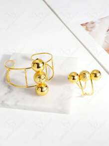 Set de 2 piezas, nuevo juego de joyería con flores esféricas enchapado en oro de 24K, pulsera y anillo, adecuado para vestido de fiesta, cena de aniversario de boda, uso diario casual para mujeres