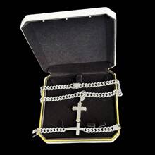 Juego de collar, pulsera, colgante de cruz y anillo con incrustaciones de cristal tipo cubana, diseño clásico de broche de barba chapado en oro, incrustación de strass de 13 mm, estilo de moda callejera de hip-hop, disponible en colores oro y platino, múltiples tallas