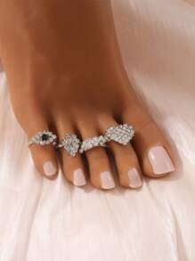 Set de 4 anillos de dedo del pie de mujer con diseños personalizados de corazón y geométricos con rhinestones brillantes, juego de joyas como regalo