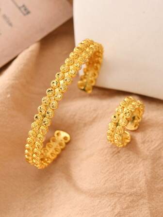 2st/set Mellanösternstil Ramadan Koppar 24K guldpläterad dubbellagers prickade runda genombrutna armbandsringar för kvinnor