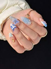 10 piezas de uñas de forma de almendra francesa presionadas a mano, con estilo de mundo submarino: flores de concha, flores pintadas a mano en azul, gotas de agua 3D, diamantes en forma de estrella de mar, hechas a mano, removibles y reutilizables, adecuadas para niñas y mujeres para uso diario, festivales, bodas, decoraciones de uñas para fiestas, con pegamento de gelatina y lima de uñas