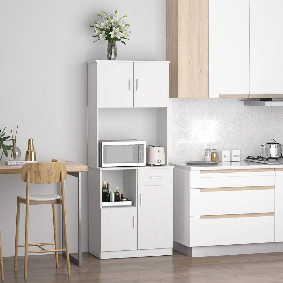 HOMCOM Alacena de Cocina Armario de Cocina Aparador de Comedor con 1 Cajón Estante Ajustable y Estante Abierto Estilo Moderno Antivuelco 71x41x178 cm Blanco - Blanco - Ver 1