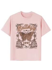 3 件套女孩休闲印花圆领短袖 T 恤，彩色蝴蝶、太阳、仙人掌图案，时尚年轻学生夏季 T 恤 - 淺藍色 - 查看 5