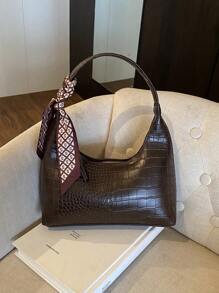 Fashionable Versatile Crocodile Embossed Minimalist Shoulder/Underarm Bag With Free Scarf - 咖啡 - 查看 6