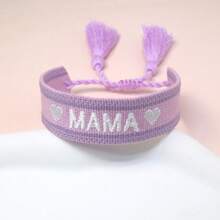 1pc Embroidered "MAMA" Heart Boho Tassel Braided Bracelet - Purple - View 2