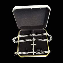 Juego de collar, pulsera, colgante de cruz y anillo con incrustaciones de cristal tipo cubana, diseño clásico de broche de barba chapado en oro, incrustación de strass de 13 mm, estilo de moda callejera de hip-hop, disponible en colores oro y platino, múltiples tallas